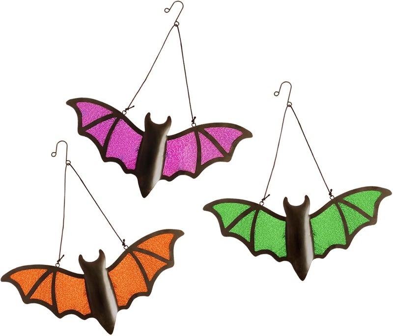Senflame Halloween Bat Decoration​ - 3 Pack Metal & Glass Outdoor/Indoor Bat Decor with 13"x5.7" Realistic Bats in Green, Purple, Orange for Garden, Yard, Wall - Waterproof Scary Party Supplies - Image 1